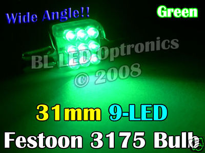 31mm 3175 3022 Festoon Dome 9 LED Car Green Bulb Globe  