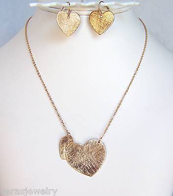 Brushed Gold Connected Hearts Pendant Necklace Earrings