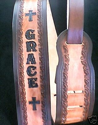  LEATHER GUITAR STRAP CUSTOM MADE WITH YOUR NAME AND CROSSES 2 1/2