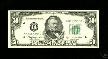 1950D*$50 FED RESERVE.VERY RARE STAR F2111D* AU+ MS WELL BELOW THE 