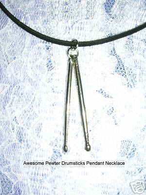 COOL SET OF DRUMSTICKS PEWTER PENDANT 16 BLK NECKLACE  